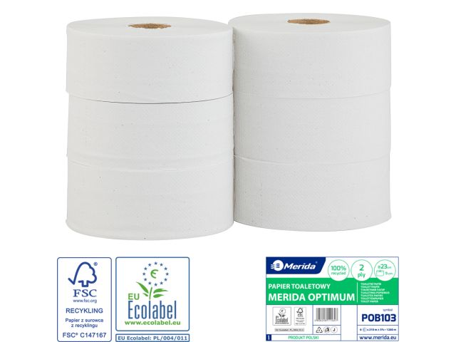 Papier toaletowy MERIDA OPTIMUM, biały, średnica 23 cm, długość 210 m, dwuwarstwowy,  zgrzewka 6 szt., ECOLABEL